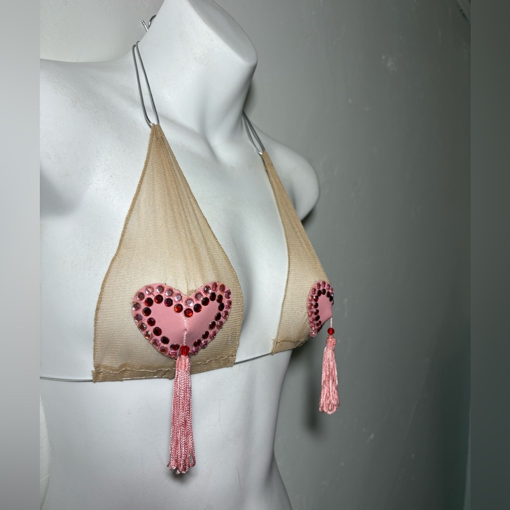 Showgirl illusion mesh bra leather hearts hand sewn burlesque Valentine’s Day